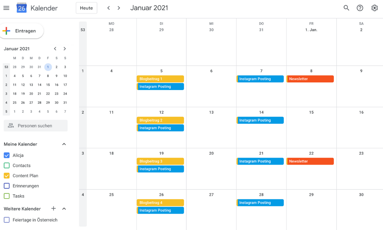 Google Kalender Beispiel Content Plan