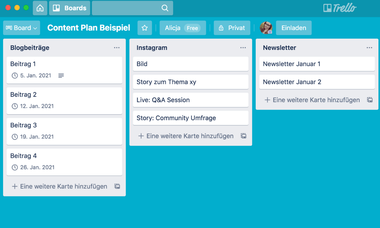 Trello Content Plan Beispiel