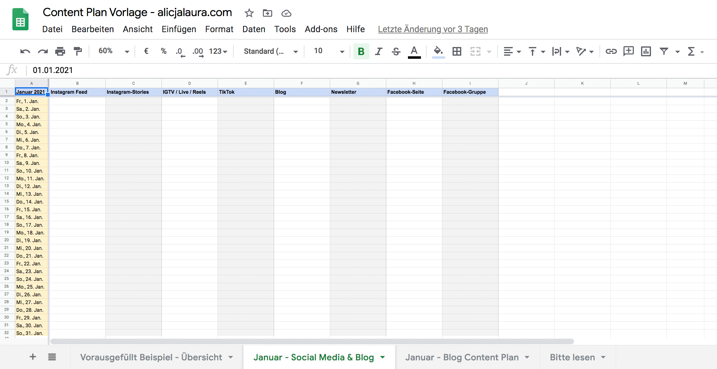 Content Plan Google Tabellen