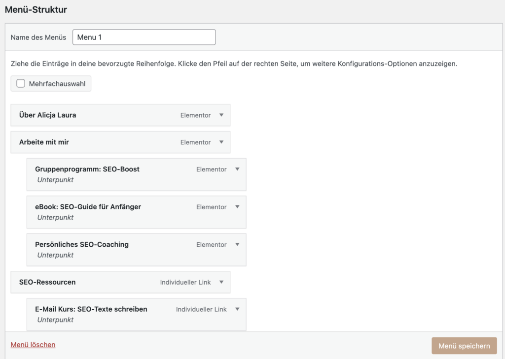 Menü Struktur WordPress