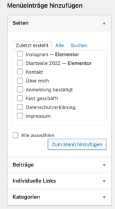 unterseiten menüeinträge über wordpress hinzufügen
