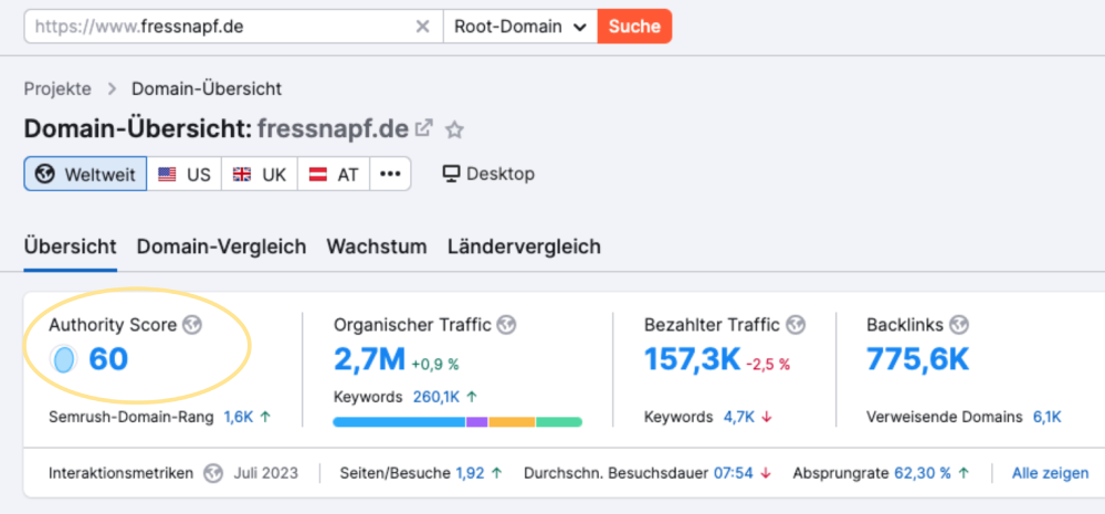 Domain Authority auf Semrush als Rankingfaktor